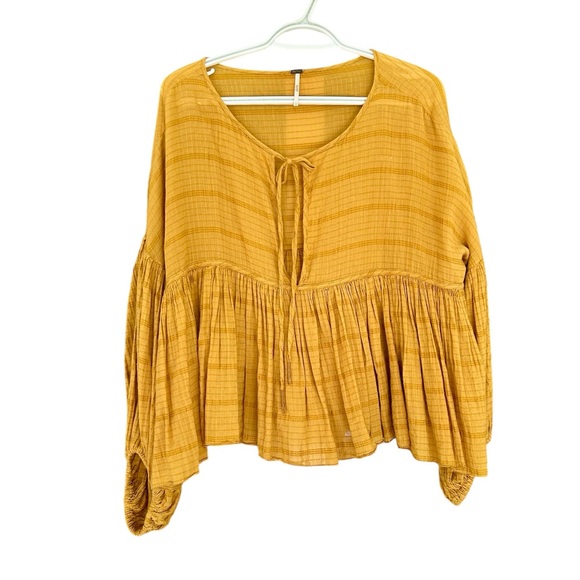Balloon sleeve peasant top mustard blouse - Picture 2 of 4